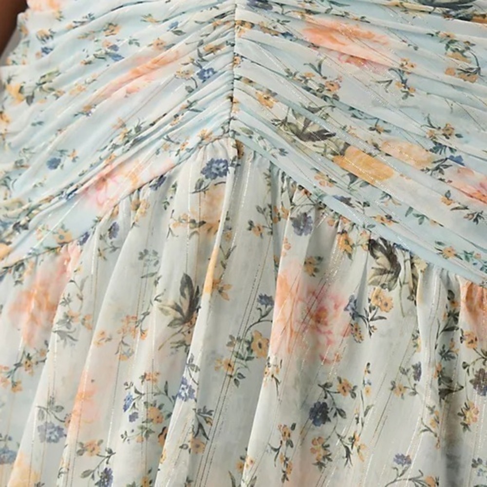 $398 Mac Duggal Size 4 Light Blue Floral Ruched Cap Sleeve High‎ Low Gown Dress - Picture 4 of 5